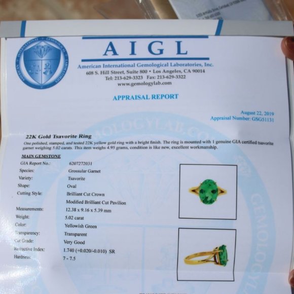 Certified Tsavorite 5.02ct Solid 22K Gold Ring - Picture 9 of 11